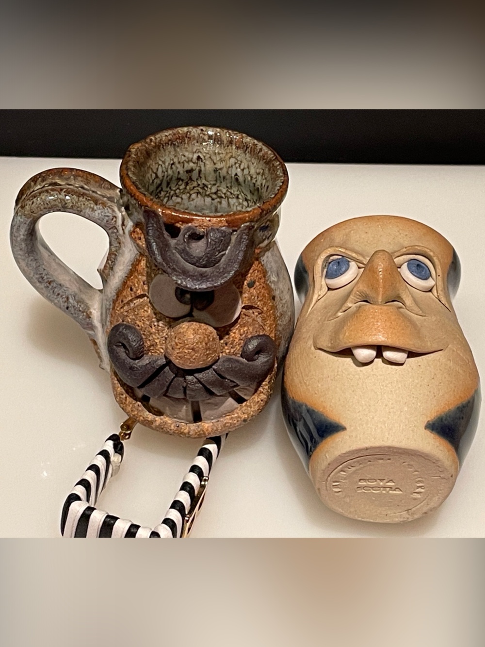Handcrafted Ceramic Character Toothpick Holder in Tan, Blue & Rustic Brown